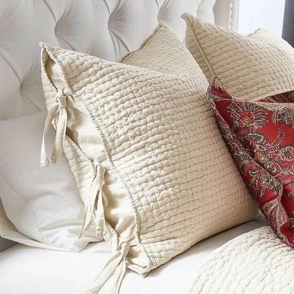 Pottery Barn Pick-Stitch Handcrafted Cotton/Linen Quilted Euro Sham in Flax - Picture 2 of 6